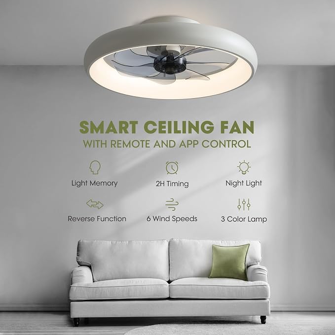 LUDOMIDE Ceiling Fans with Lights and Remote, 20'' Low Profile Flush Mount, 6 Wind Speeds, Modern Dimmable LED Ceiling Fan, Smart Ceiling Fan for Bedroom, Kids Room (White)