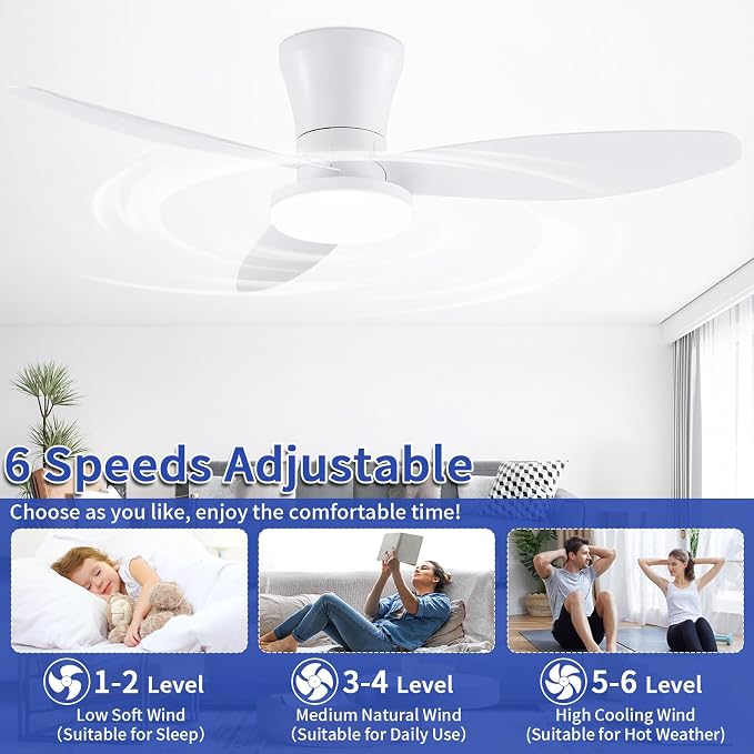 40 inch Ceiling Fan with Lights, Flush Mount with Remote Control | 3 Blades, 6 Speeds, Reversible Quiet DC Motor, Dimmable, 3000-6000K Adjustable, Timer, for Bedroom Dining Room Home Office