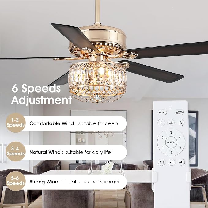 Kviflon Farmhouse Crystal Ceiling Fans with Lights and Remote, 52 Inch Chandelier Ceiling Fans, Gold Fandelier Ceiling Fan for Bedroom Living Room, Quiet DC Motor, Reversible, Bulb not Included