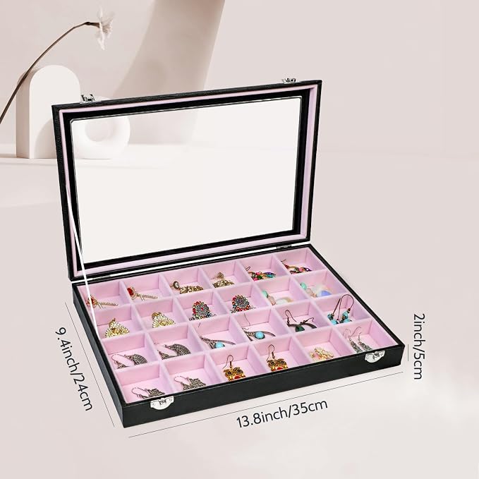 Stratalife 24 Grid Earring Organizer, Jewelry Holder Organizer with Lid | PU Leather Storage Box for Earring, Ring, Studs and Trinkets, Soft Velvet Drawer Organizer for Women, Dustproof, Pink Black