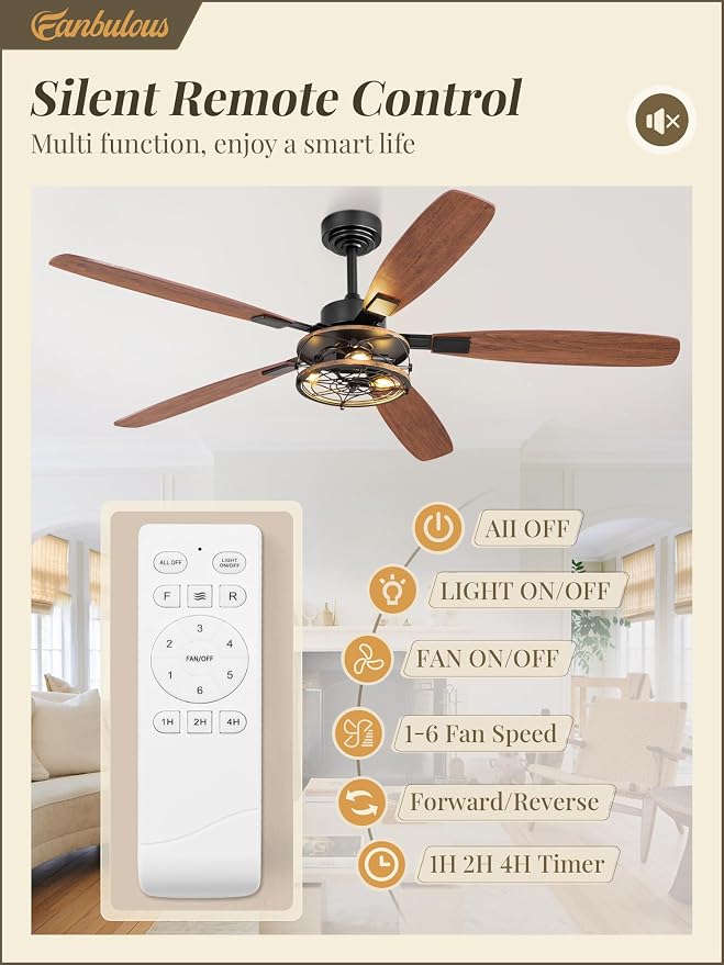 Fanbulous Farmhouse Ceiling Fan with Light and Remote, Industrial Caged Flush Mount Ceiling Fans with 6 Speed Reversible Motor and Dual Finish 5 Blades, for Living room, Bedroom (Black, 60 Inch)