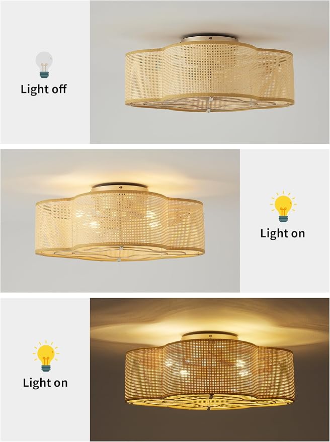 Boho Ceiling Fans with Lights, 20" Low Profile Ceiling Fan with Light Remote Control, Bladeless Flush Mount with 6 Speeds for Bedroom, Nursery, Living Room.