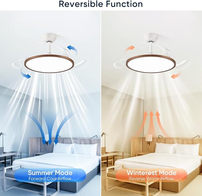 48 Inch Retractable Ceiling Fan with Lights, Fandelier Ceiling Fan for Bedroom Living Room Dinning Room, Chandelier with Fan 6 Speed, 3 Color Temperature, Reversible DC Motor-White