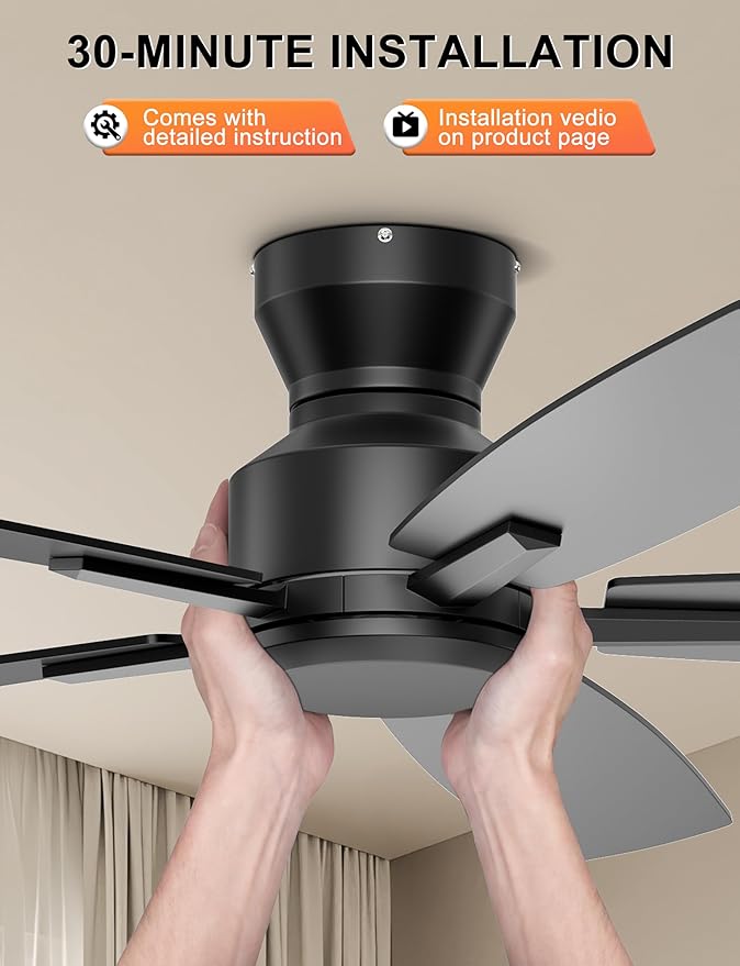 Ohniyou 52 Inch Ceiling Fan No Light, Low Profile Ceiling Fan with Remote and App Control, Flush Mount Ceiling Fan without Light for Bedroom Living Room Covered Patios, Quiet DC Motor, Black