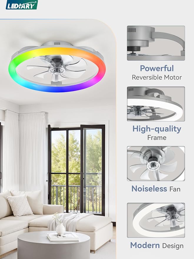 LEDIARY RGB Low Profile Ceiling Fans with Lights and Remote, 20 Inch Dimmable Modern Fan Light(3000K-6000K), 6 Speed, Reversible, APP & Remote Control, Flush Mount Ceiling Fan for Bedroom, Grey