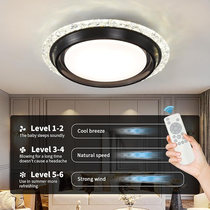 AHAWILL 19.29'' Bladeless Ceiling Fan with Light,Modern Crystal Ceiling Fan with Remote Control,Enclosed Flush Mount Fandelier,6 Wind Speed,Dimmable LED,Black,for Bedroom Kitchen Dining Room