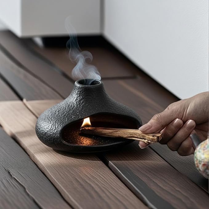 Holder Incense Burner-Mini Ceramic Fireplace,Handmade Smudge,with Chimney,for Sage,Palo Santo,Aromatic Ash Tray for Home Decor, Anxiety Relief & Valentine's Day Meditation Gifts for Women (Black)