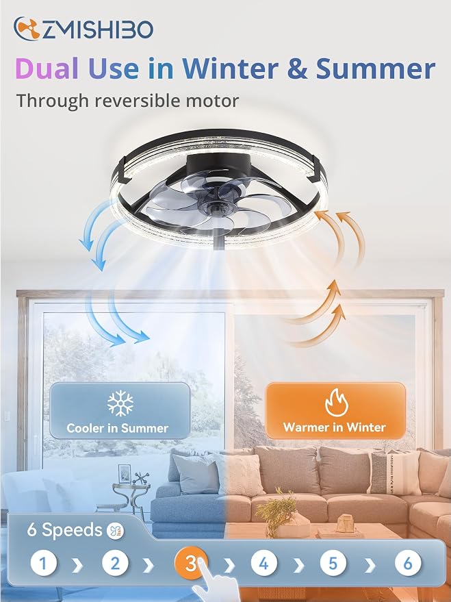 ZMISHIBO RGB Ceiling Fan with Light, 20'' Low Profile Ceiling Fans | Flush Mount Modern Ceiling Fan and Remote Control, 3000K-7000K Dimmable & RGB, Modern Fandelier for Bedroom, Living Room