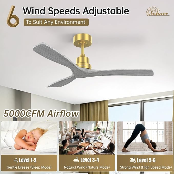 Sofucor 52 Inch Ceiling Fan No Light - Modern Solid Wood Ceiling Fan with Remote, 5000CFM High Airflow, Quiet DC Motor, 6 Speeds, Timer & Reversible for Bedroom Living Room, ETL, Gold