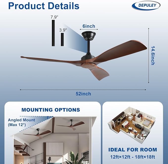Depuley Ceiling Fan Without Light: 52 Inch 3 Blade Outdoor Fans for Patios - Walnut Ceiling Fan No Light Indoor Remote Control Ultra Quiet DC Motor Reversible 6 Speed Timer