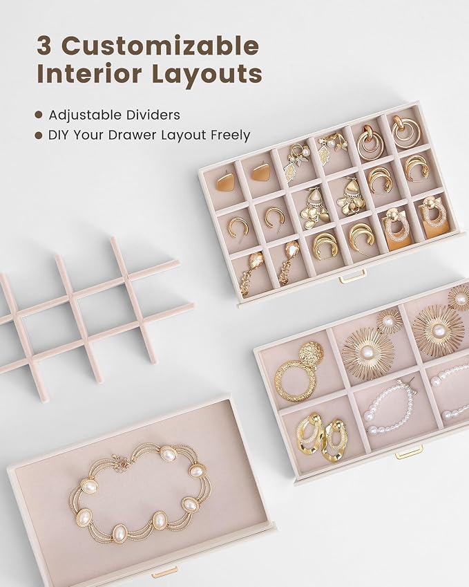Lolalet Earring Organizer, Jewelry Box with Clear Lid -Beige, 8 Layer | PU Leather, Velvet, Removable Dividers, Dustproof, Easy Clean, For Studs Rings, Gift for Women Girls, Home Aesthetic Decor