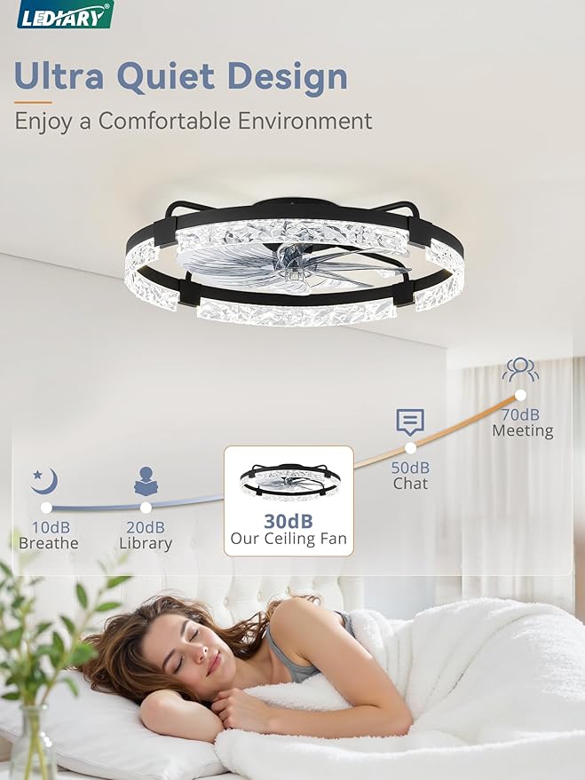 LEDIARY 2 Pack 24 Inch Low Profile Ceiling Fans with Lights and Remote, Fandelier Modern Ceiling Fan, 3000K-6000K Dimmable LED Fan Light, Black Flush Mount Ceiling Fans with Lights for Bedroom
