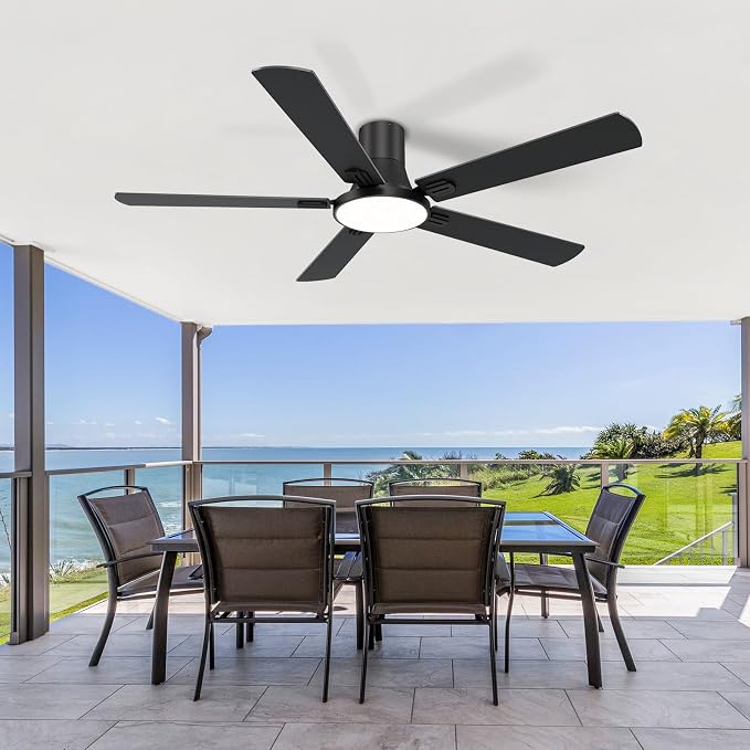 SNJ 60 Inch Black Ceiling Fans with Lights and Remote,Flush Mount Low Profile 5 Blades Ceiling Fan,Dimmable Quiet Reversible DC Motor for,Living Room,Bedroom and Patio