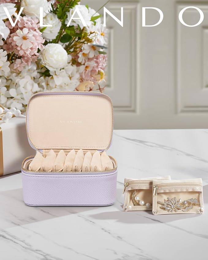 VLANDO Jewelry Travel Case,Travel Jewelry Organizer with Clear Velvet Jewelry Bags Zipper Pouch for Women Girl Gift- 8Pcs Purple