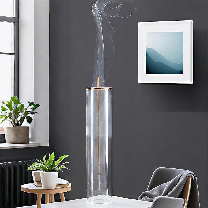 Glass Incense Holder,Incense Burner for Sticks with Ash Catcher,Incense Stick Burner for Meditation and Yoga Room (Golden Leaf)