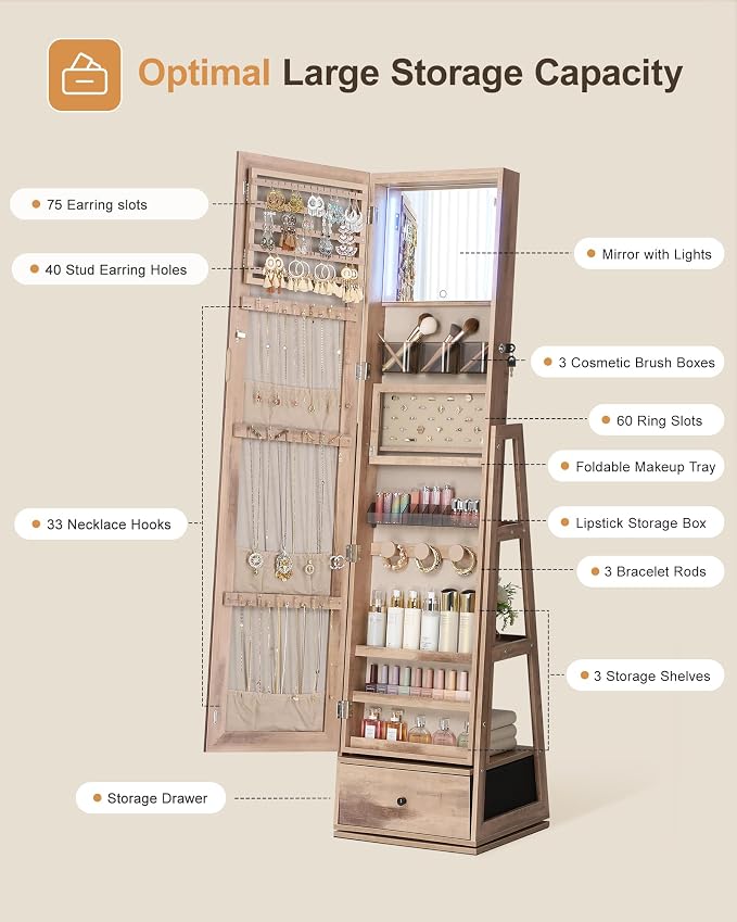 Nicetree 360° Swivel Jewelry Cabinet with Lights, Touch Screen Vanity Mirror, Rotatable Full Length Mirror with Jewelry Storage, Standing Jewelry Armoire Organizer, Foldable Makeup Shelf, Oak