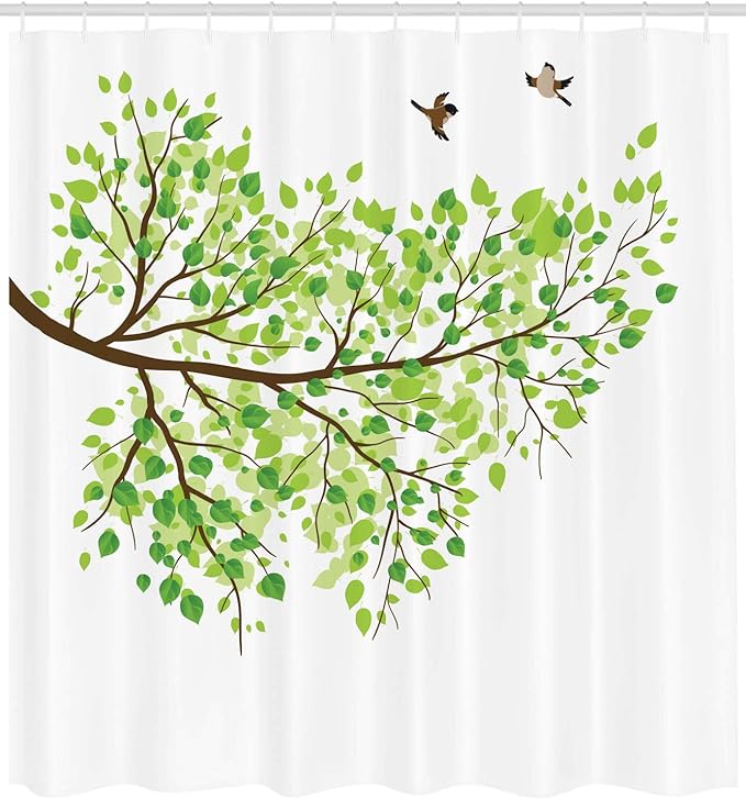 Ambesonne Hummingbird Shower Curtain, Branch with Hummingbirds in Seasonal Vivid Colors Spring Freedom Nature, Cloth Fabric Bathroom Decor Set with Hooks, 69" W x 70" L, Brown White