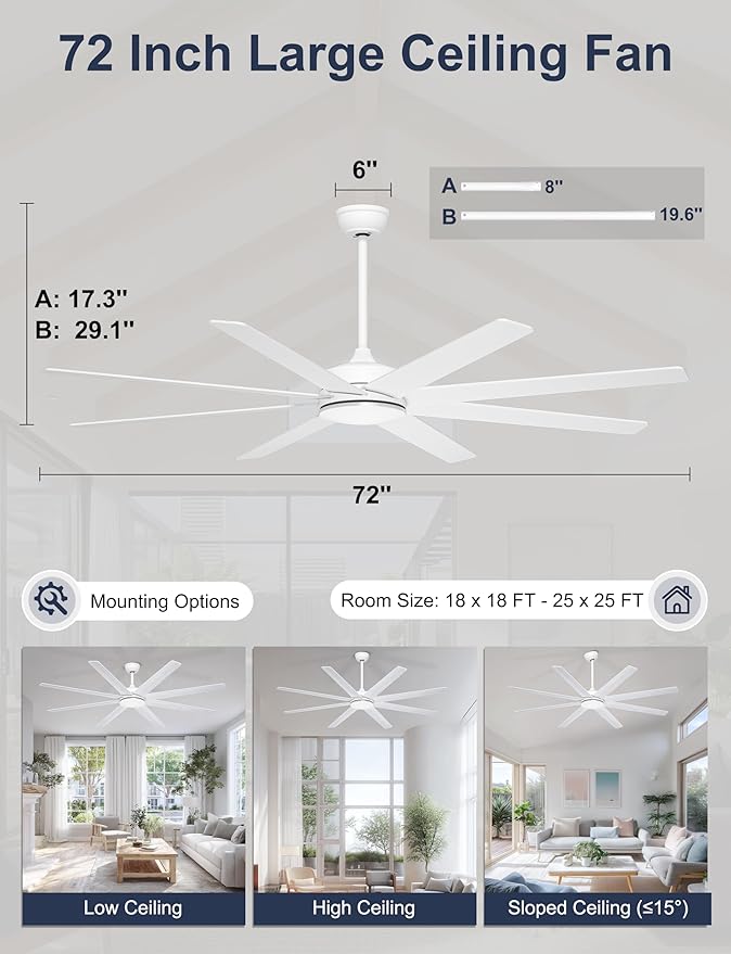 72'' White Large Ceiling Fan No Lights for Indoor/Covered Outdoor | Remote/APP Control, 7138 CFM Airflow, Quiet DC Motor, Reversible Airflow, 8 Blades Modern Overhead Fan for Patio, Shop