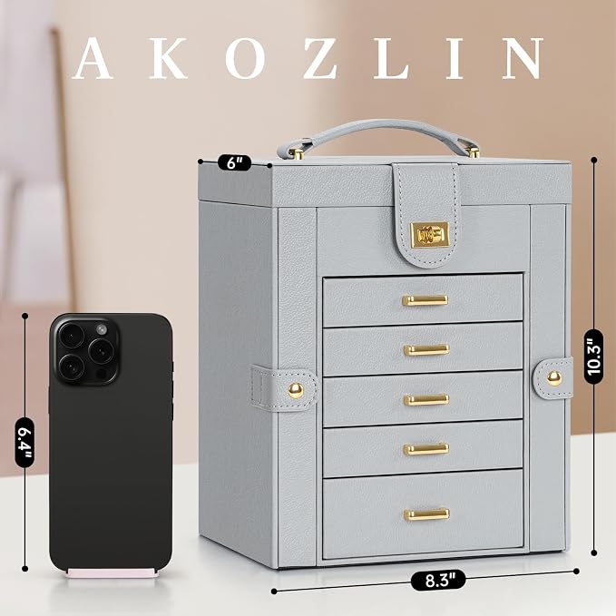 AKOZLIN 6-Tier Jewelry Box Organizer Functional 5 Drawers Leather Jewelry Storage Case for Women Girls Ring Necklace Earring Bracelet Holder Organizer with Mirror Grey Regular