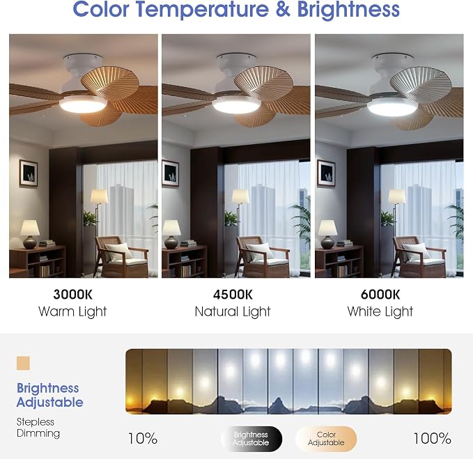 Kviflon Tropical Ceiling Fans with Lights and Remote/APP Control, 45 Inch Low Profile Flush Mount Ceiling Fans, Palm Leaf Ceiling Fan with Light for Bedroom Patios Porch Outdoor, Wood Grain