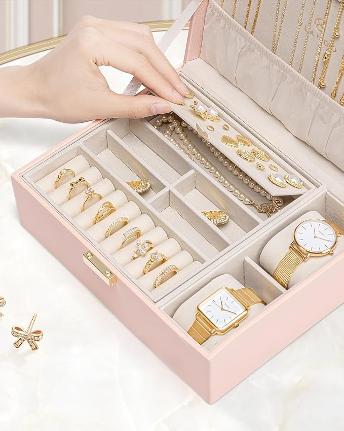 VLANDO 2 Layer Jewelry Box Large Jewelry Organizer for Women Removable Jewelery Tray with Watch Pillow for Necklace Earrings Rings Bracelets Jewelry Boxes for Holidays Gifts (Pink)