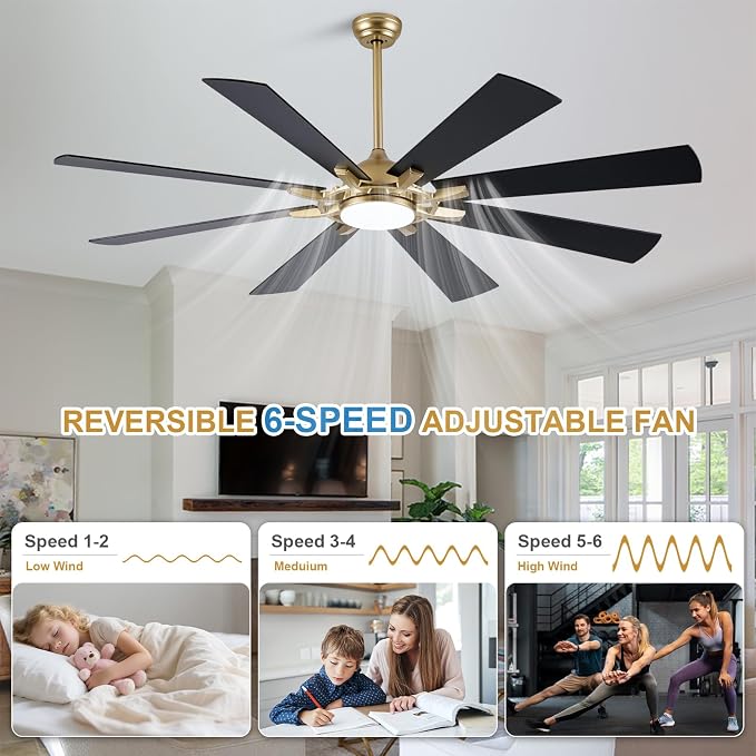 Bella Depot 72" Black and Gold Ceiling Fan with Light & Remote | Large Ceiling Fan Dimmable LED Light, 3CCT, 6-Speed Quiet DC Motor Indoor Chandelier Fan for Bedroom Living Room Patio