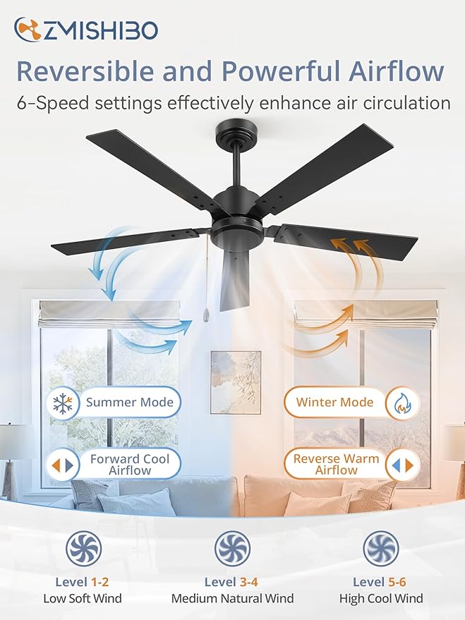 ZMISHIBO 52 Inch Ceiling Fan No Light with Pull Chain, Modern Ceiling Fan without Lights, 6-Speeds, Quiet DC Motor, Remote Control, Black Ceiling Fan for Bedroom, Living Room, Indoor/Outdoor Use