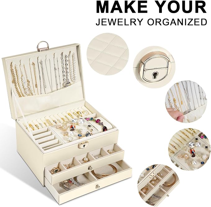 GUOER Jewelry Box for Women Girls, 3 Layers Large Jewelry Organizer (Apricot)