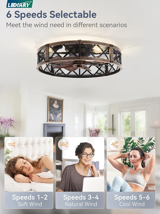 LEDIARY 23" Caged Ceiling Fan with Light, APP&Remote Control, Large Flush Mount Farmhouse Fan Lights, Low Profile Rustic Bladeless Ceiling Fan Fixtures for Bedroom, Kitchen-Black Gold Color
