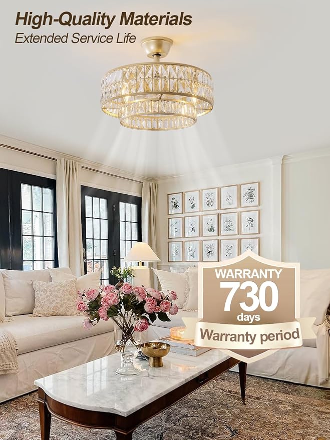Gold Fandelier Ceiling Fan with Light,20" Crystal Chandelier Ceiling Fans with Lights and Remote Control,Modern Caged Flush Mount Fandelier with 6 Speeds for Living Room Bedroom Nursery
