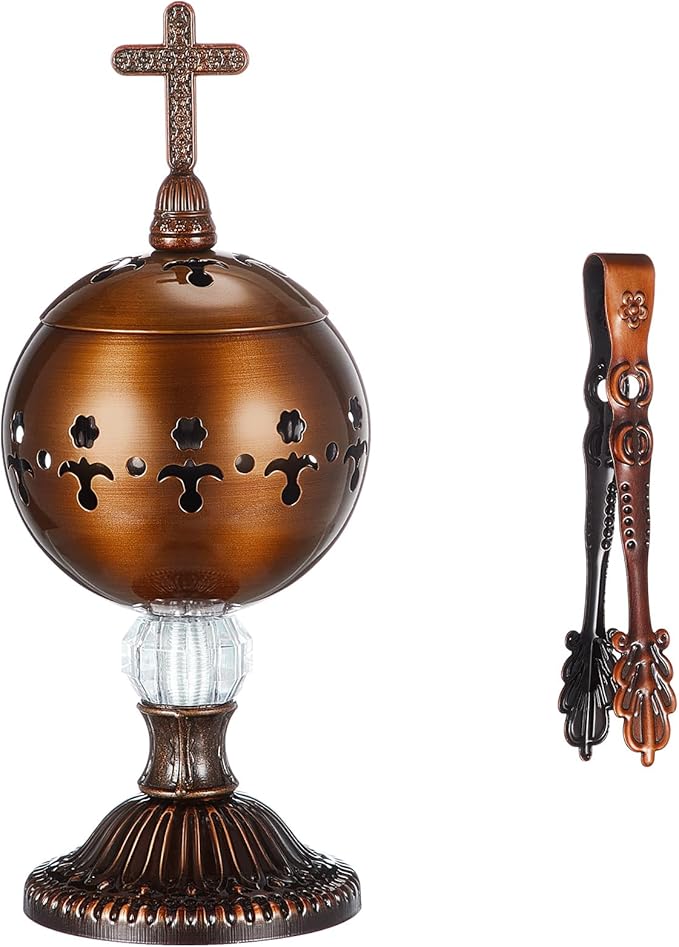 Zonon 1 Set Incense Burner with Tong, Frankincense Charcoal Incense Stand Holder, Ideal for Yoga, Spa, Aromatherapy, Home and Christian Church Censer (Red Copper,Retro)