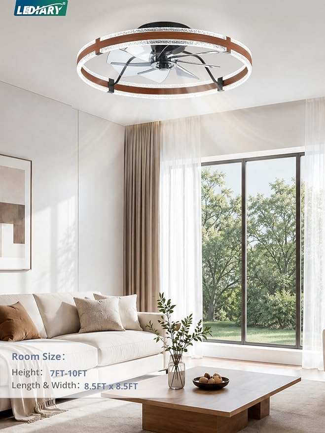 LEDIARY 24" Ceiling Fans with Lights and Remote, Low Profile Ceiling Fan with Light, 3000-6000K Dimmable Fandelier Ceiling Fans, Modern Flush Mount Fan Light for Bedroom with 6 Wind Speeds - Walnut