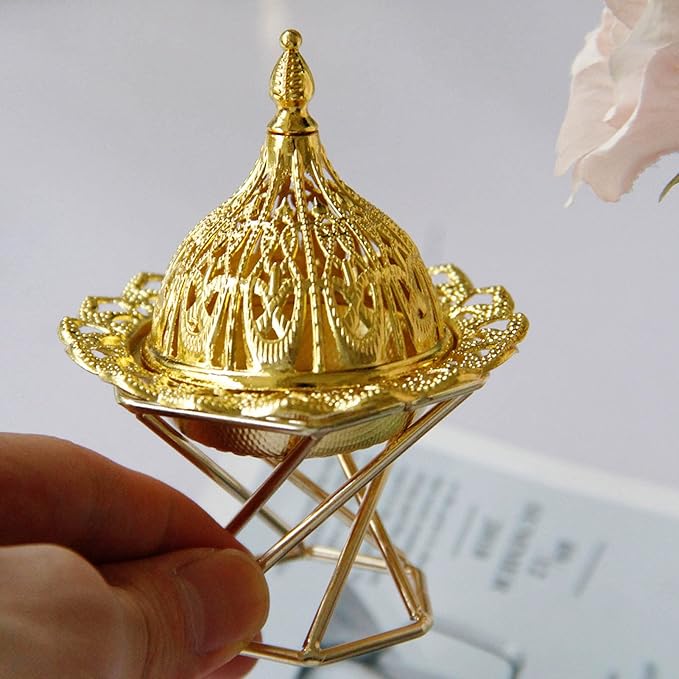 Topyond Arabic Incense Burner, Golden Metal Incense Holder, Vintage Backflow Incense Holders, Exquisite Lotus Flower Design, for Worship and Home Decor
