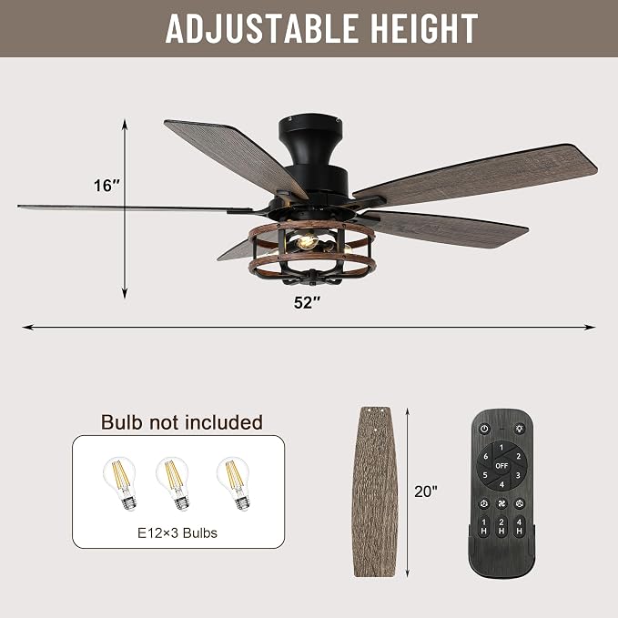 52" Flush Mount Farmhouse Ceiling Fan with Light & Remote Control | Rustic Caged Chandelier Ceiling Fan with 5 Double Colour Blades Reversible DC Motor, for Living Room,Dining Room,Bedroom
