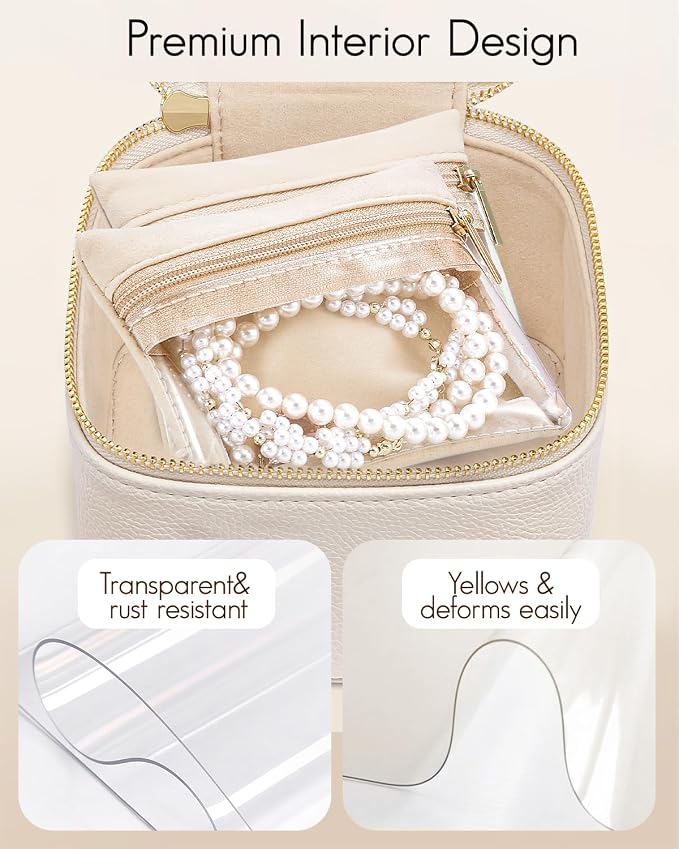 VLANDO Travel Jewelry Case,Valentines Gifts,Small Jewelry Box Organizer,Travel Jewelry Storage with 6 Velvet Jewelry Zipper Pockets, Birthday Gifts for Women Girls (White)