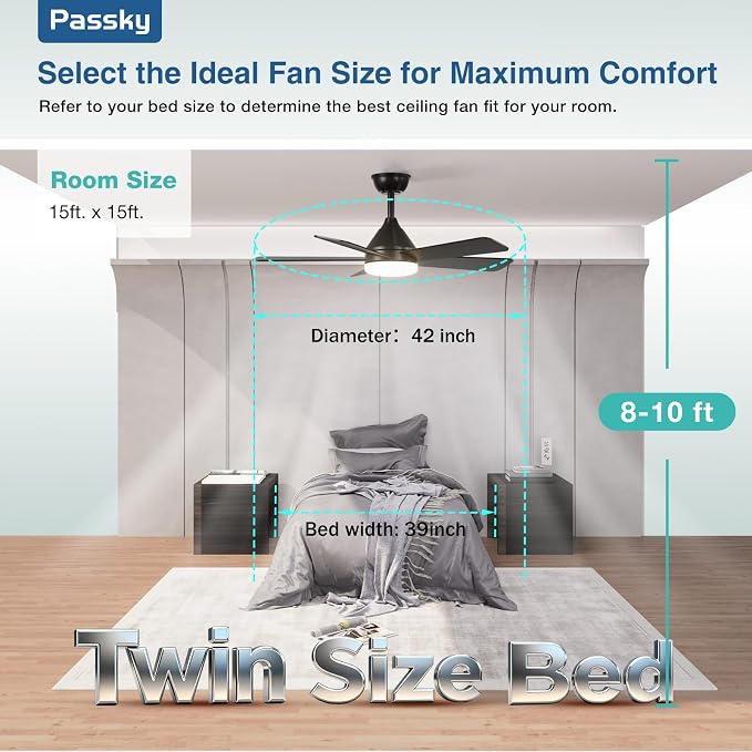 Passky Ceiling Fans with Lights, 42 inch Sleek Ceiling Fan with Light and Remote Control, 3CCT, Dimmable, Reversible, Noiseless, Black Ceiling Fan for Bedroom, Living Room