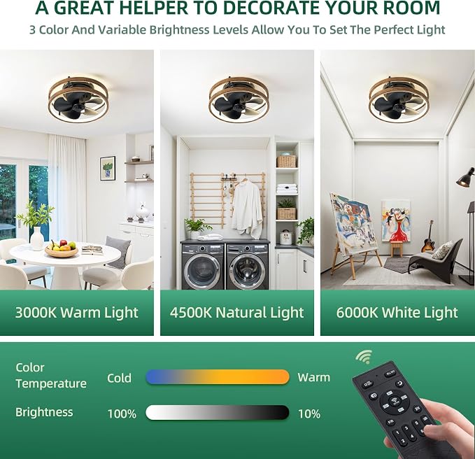 13 Inch Small Ceiling Fan with Light and Remote, Low Profile Flush Mount Fandelier, Dimmable 3CCT Quiet LED Ceiling Fans for Bedroom, Wooden Black