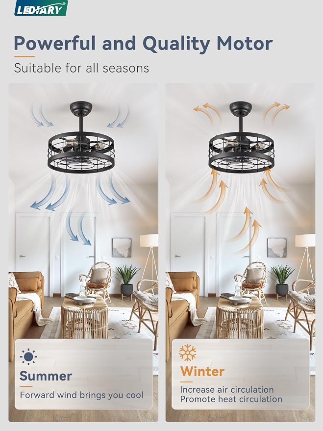 LEDIARY 16.5 inch Black Caged Ceiling Fan, Fandelier Industrial Ceiling Fan with Remote, Farmhouse Fan Ceiling Fixtures for Kitchen, Bedroom, Outdoor（6 Speed, Timing）-Black