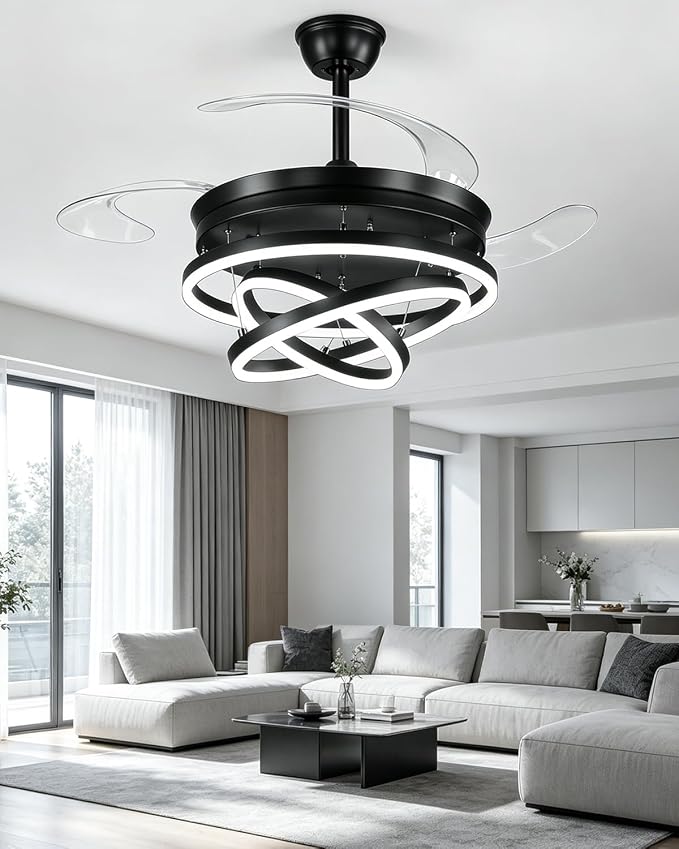 Retractable Ceiling Fans with Lights, 48" Fandelier Ceiling Fan with Light and Remote, Reversible, 3 CCT, Dimmable, Modern Chandelier Ceiling Fan for Bedroom, Living Room, Dining Room (Black)