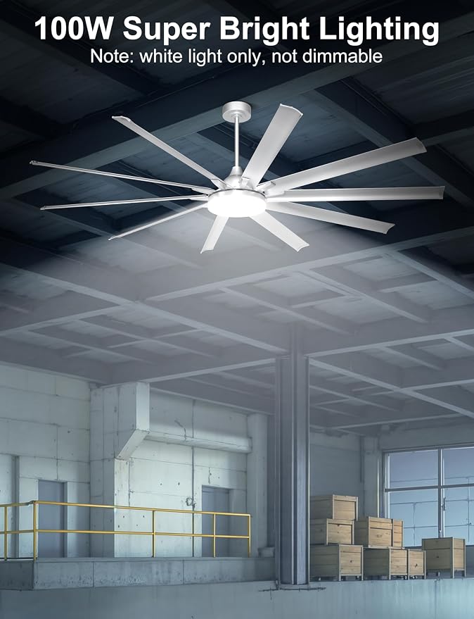 Ohniyou 96" Industrial Ceiling Fan with Bright Lights, High CFM Shop Fan | Remote/App Control, 10 Aluminum Blades, Extra Large Metal Fan for Covered Patio, Gym, Warehouse, Silver