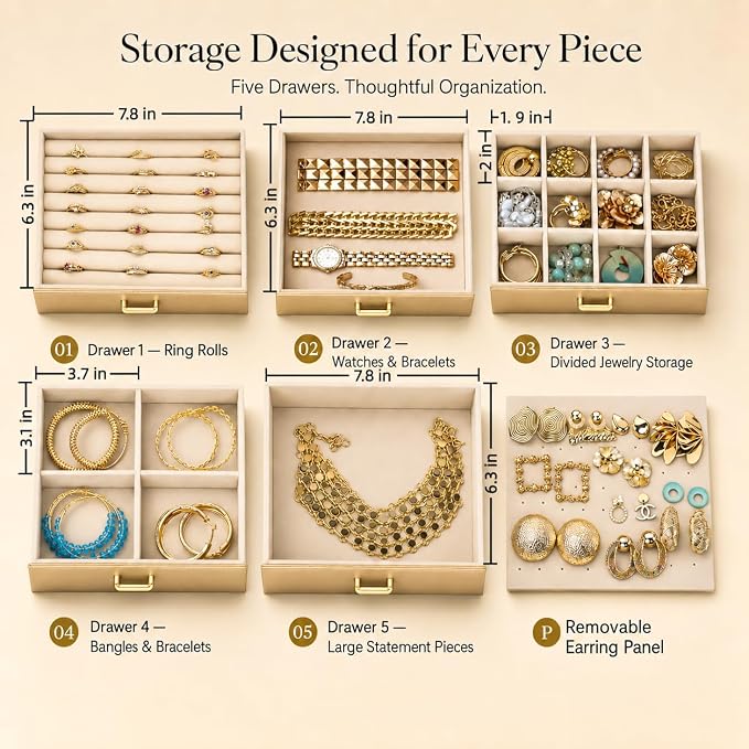 BOOVO Large Jewelry Boxes For Women (Gold, 6 Layer) | 6 Layers Jewelry Organizer Box With Cosmetic Storage Drawer, Necklace Ring Jewelry Organizer Box