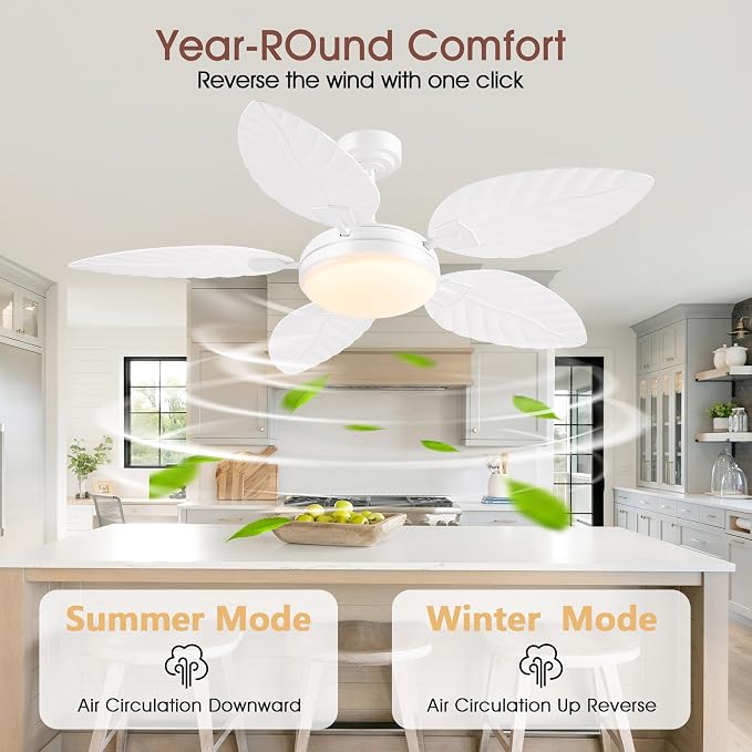 GJeg Tropical Ceiling Fans with Lights and Remote,52Inch Outdoor Palm Leaf Ceiling Fan for Patios Porch Bedroom, Dimmable LED Light, 6 Speeds, Reversible, White
