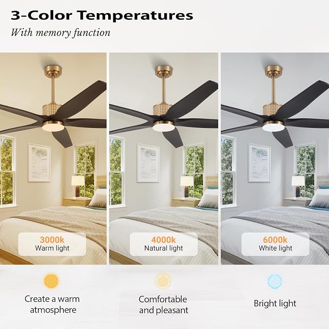 LEDLUX 60" Ceiling Fan with Light – Remote Control, Solid Wood, 6-Speed, Quiet Reversible DC Motor, Black/Gold Finish, 4.5"/12" Downrods, Noiseless Large Ceiling Fan for Bedroom, Living Room, Porch