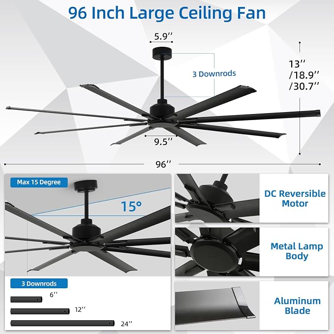 YYEHON 96 Inch Large Industrial Ceiling Fan no Lights, Reversible DC Motor, 3 Downrods, 6 Speed Remote Control, 8 Aluminum Blades, Outdoor Black Fans for Shop/Gym/Warehouse/Garage