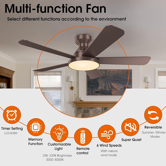 Ceiling Fans with Lights, 46" Low Profile Ceiling Fan with Light, Remote/App Control, Flush Mount Ceiling Fan for Bedroom, Indoor/Outdoor (Brown)