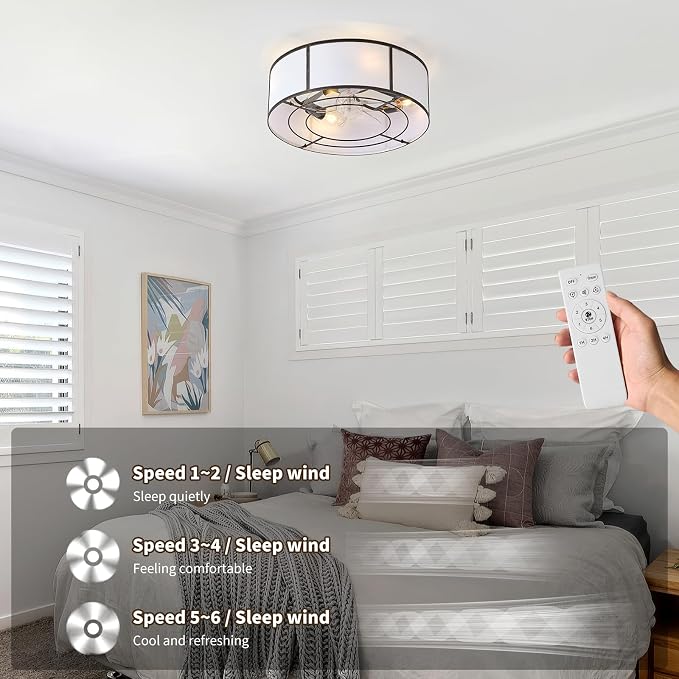 hummingbird 20inch Low Profile Caged Ceiling Fans with Lights, Flush Mount Ceiling Fan with Lights and Remote, Bladeless Modern Enclosed with 6 Speeds for Bedroom, Kitchen, Black