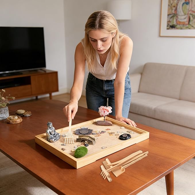 Zen Sand Garden Kit for Desk with Incense Stick Holder 11"x7.5" 6 Tools, 16 Accessories