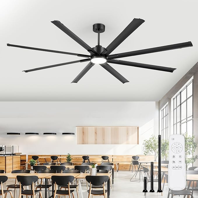 ZMISHIBO 96" Industrial Ceiling Fans with Lights, Large Ceiling Fan with 3CCT, 8 Reverisble Aluminum Blades, Quiet DC Motor, 6-Speed Remote, Indoor/Outdoor Ceiling Fans for Patios/Garage/Porch,Black