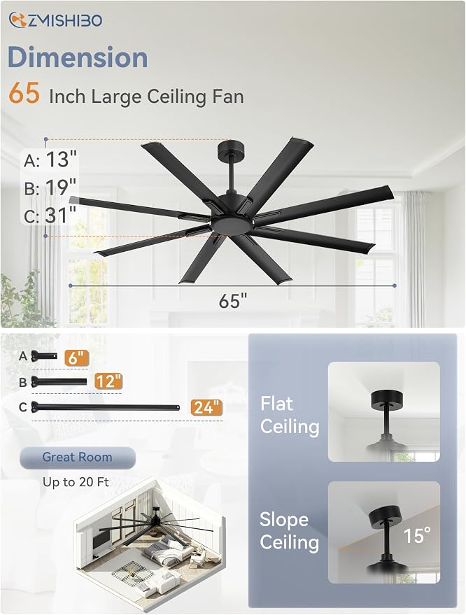 ZMISHIBO 65 Inch Industrial DC Motor Ceiling Fan, Large Ceiling Fan with 8 Aluminum Blades, 3 Downrods, 6-Speed Remote Control, Home or Commercial Ceiling Fans for Porch/Garage/Shop, Black