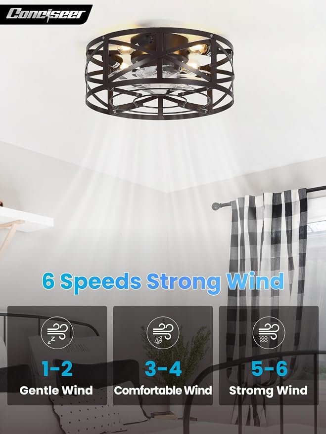 Conciseer 20 Inch Caged Ceiling Fans with Lights and Remote, Flush Mount, Low Profile 7 Blades, 6 Speed Reversible Quiet DC Motor for Bedroom, Kitchen and Living Room, Brown